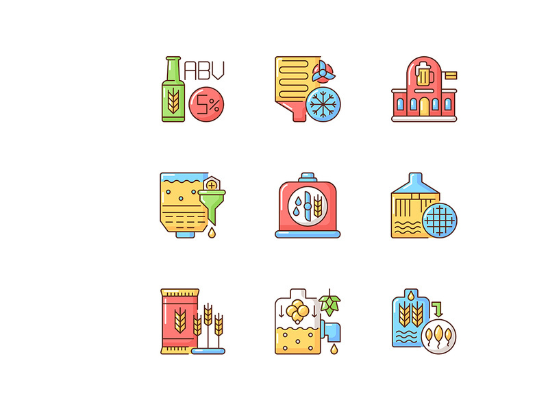 Beer production technology RGB color icons set