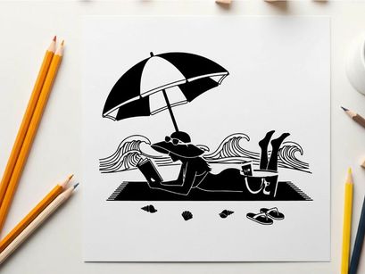 Silhouette of a woman relaxing on the beach with umbrella