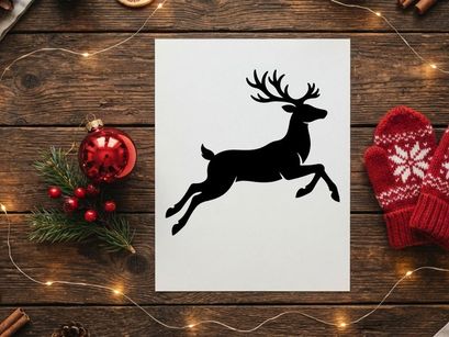 Black silhouette of a jumping reindeer isolated on a white background for Christmas design