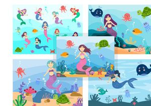 9 Mermaid And Cute Sea Animals Illustration
