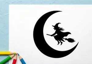 Silhouette of a witch flying on a broomstick against a crescent moon
