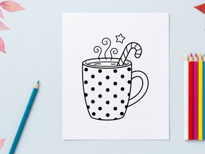 Cute black and white polka dot Christmas coffee mug with candy cane stirrer steaming happily