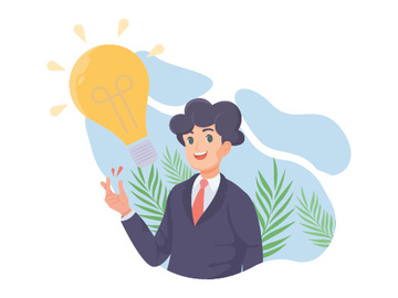 creative man generating new ideas, Cartoon businessman, investor with light bulb. Financial solution and growth concept preview picture