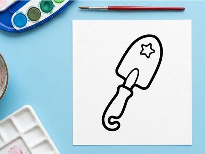 Garden trowel line icon with star. Hand shovel tool for planting and gardening tasks.