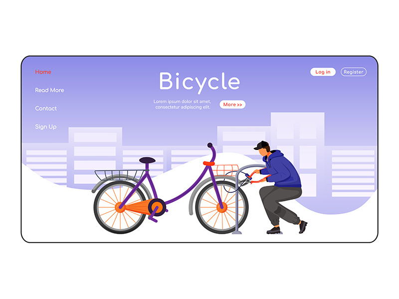 Bicycle landing page flat color vector template