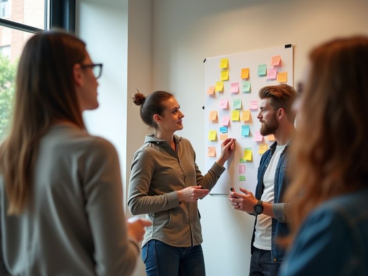 A team of designers brainstorms using sticky notes on a whiteboard.