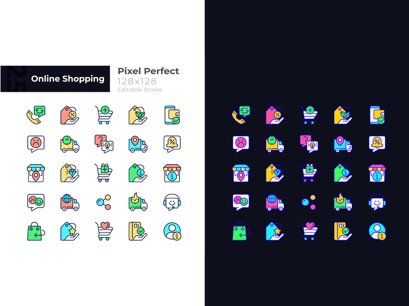 Online shopping pixel perfect light and dark theme color icons set
