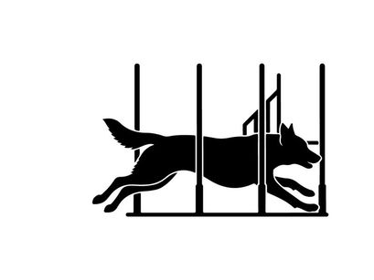 Dog silhouette jumping over hurdles in athletic silhouette