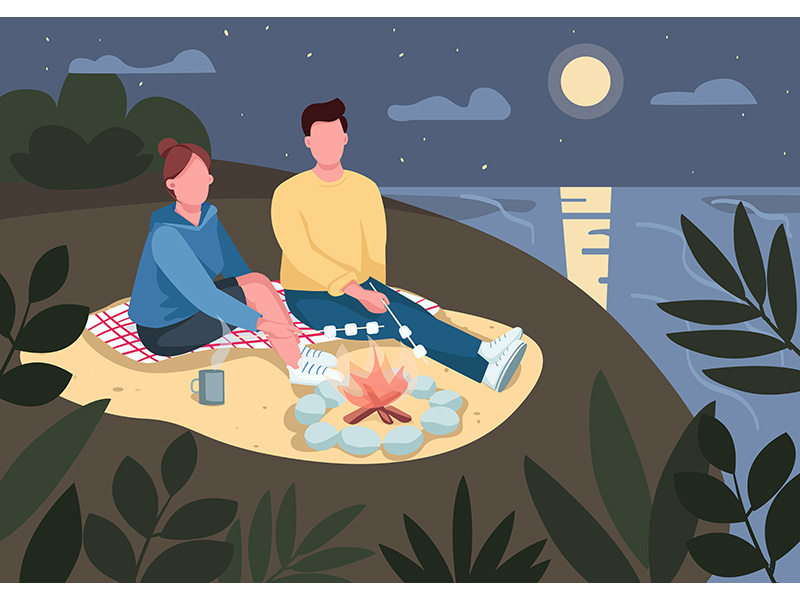 Romantic evening date on beach flat color vector illustration