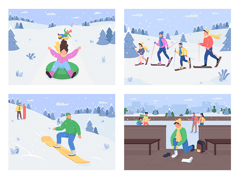 Winter fun activities flat color vector illustration set
