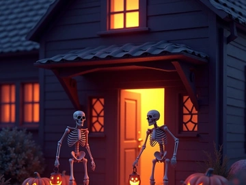 Halloween image with skeletons carrying pumpkin lanterns. preview picture