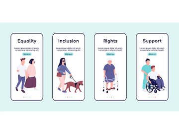 Disabled people equality and support onboarding mobile app screen flat vector template preview picture