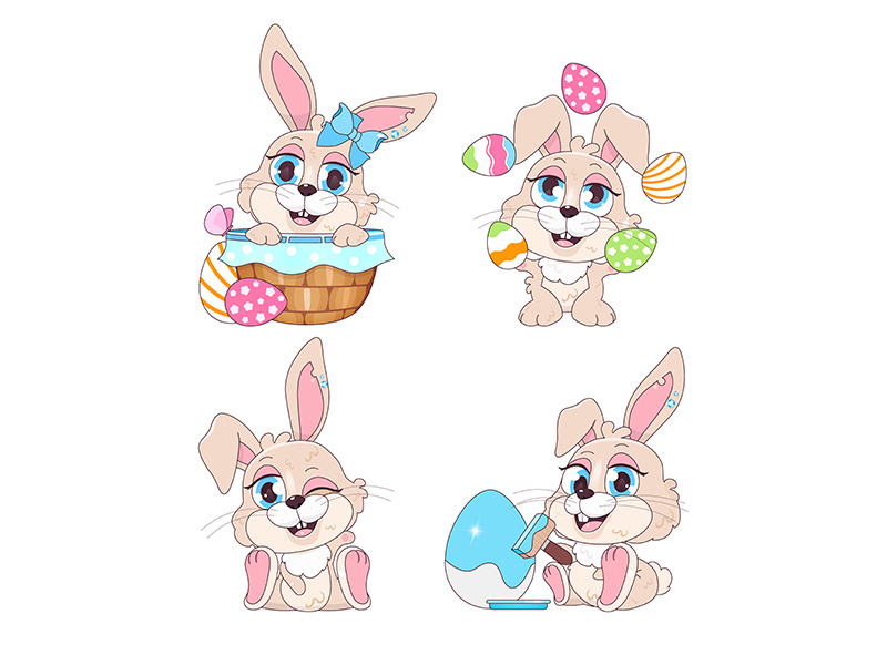 Cute playful Easter bunnies kawaii cartoon vector characters set