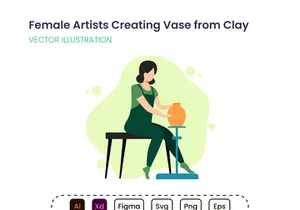 Female artists creating ceramic vase from clay