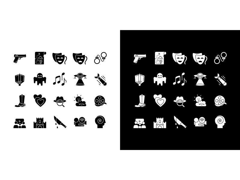 Film genres glyph icons set for night and day mode