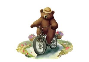 Bear riding a bike in floral countryside road, isolated in white background.