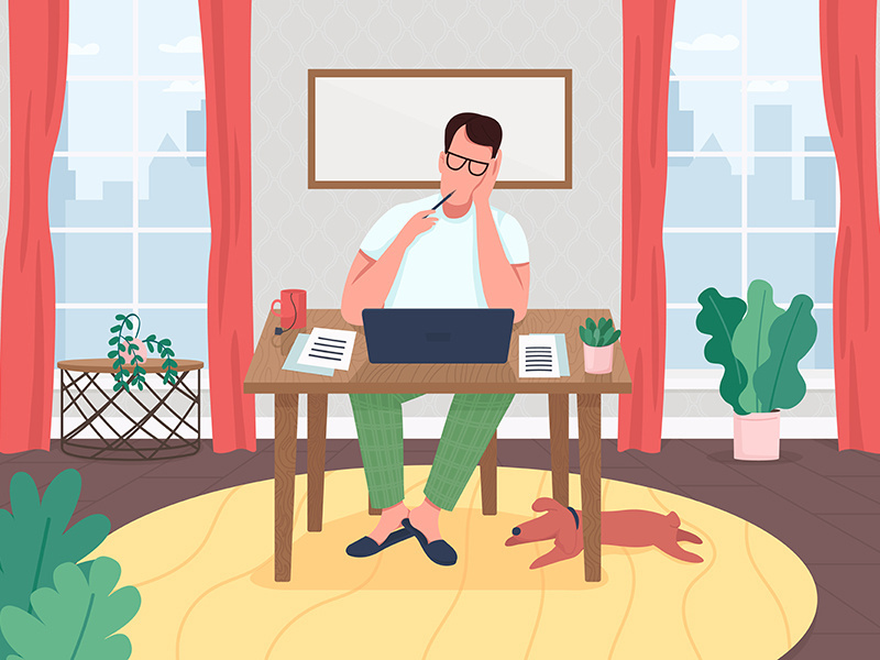 Writer at laptop flat color vector illustration