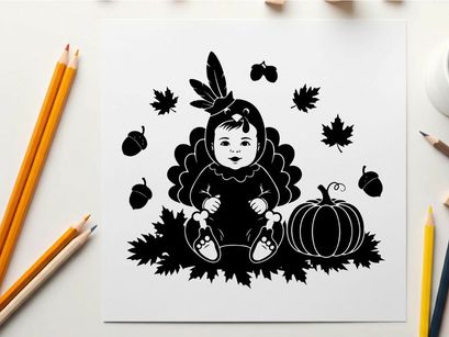 Native american child silhouette in autumn leaves and pumpkin