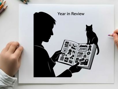 Silhouette of a person reading a newspaper with a cat on their lap