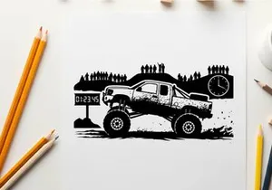 Silhouette of a truck racing on a track with spectators and a clock