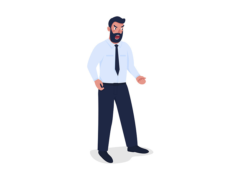Angry bearded man in suit semi flat color vector character