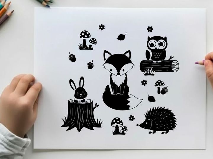 Whimsical forest creatures in silhouette form a magical scene
