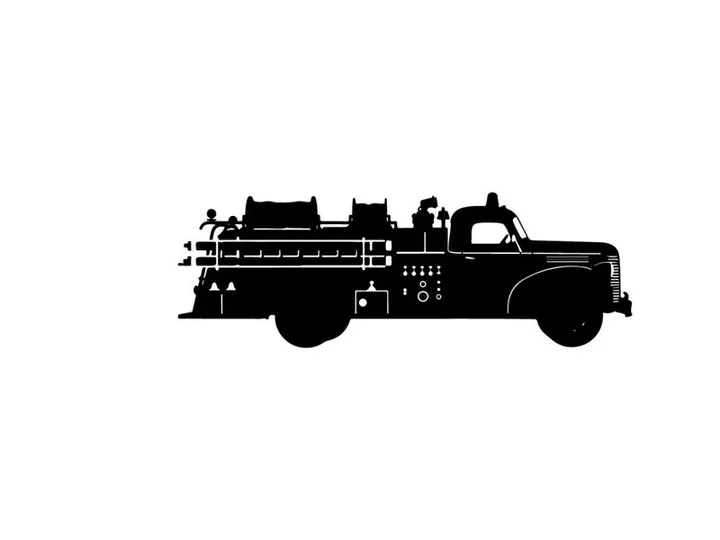 Silhouette of a vintage fire truck with equipment and crew