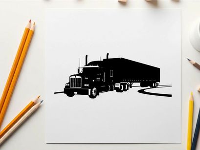 Black silhouette of a semi truck with trailer on the road