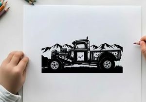 Vintage truck silhouette against majestic mountains