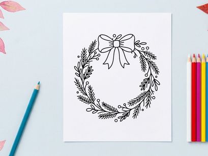 Hand drawn Christmas wreath with bow, festive holiday line art illustration on white