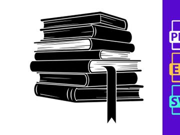 Stack of black books with quill pen education knowledge concept preview picture