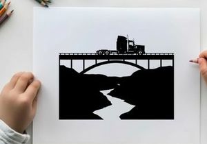 Truck crossing bridge in silhouette against white background