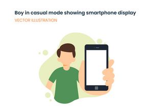 Boy in casual mode showing smartphone displaying
