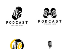 podcast logo with microphone and earphone audio, radio waves. for studio, talk show, chat, information sharing, interview, multimedia and web.