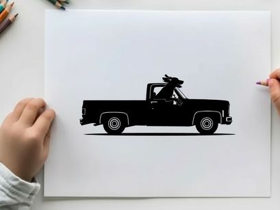 Silhouette of a classic pickup truck with surfboard on a white background