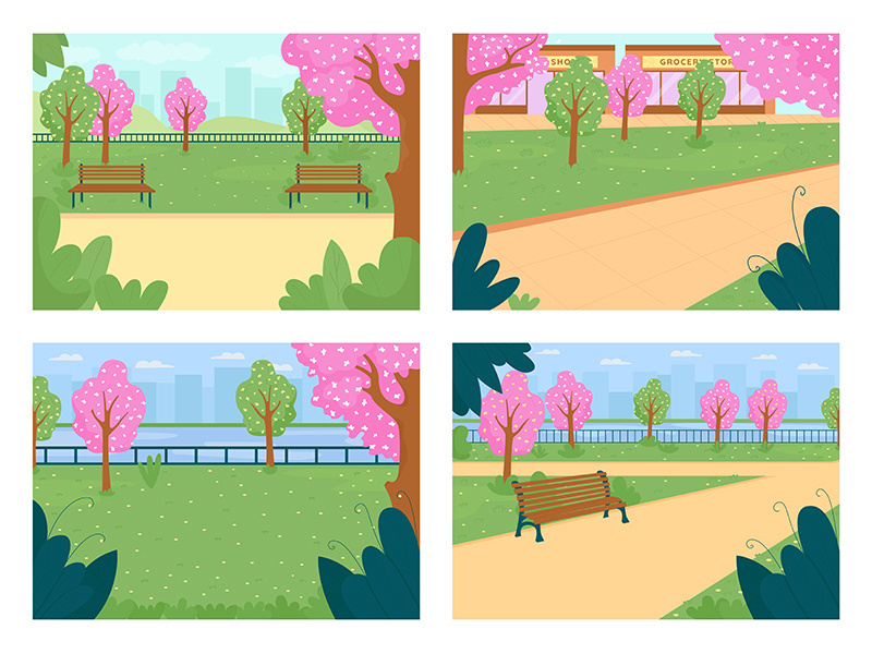 Spring park flat color vector illustration set