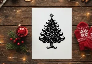 Ícono de árbol de Navidad en blanco y negro con adornos y estrella en la parte superior aislado sobre fondo blanco.