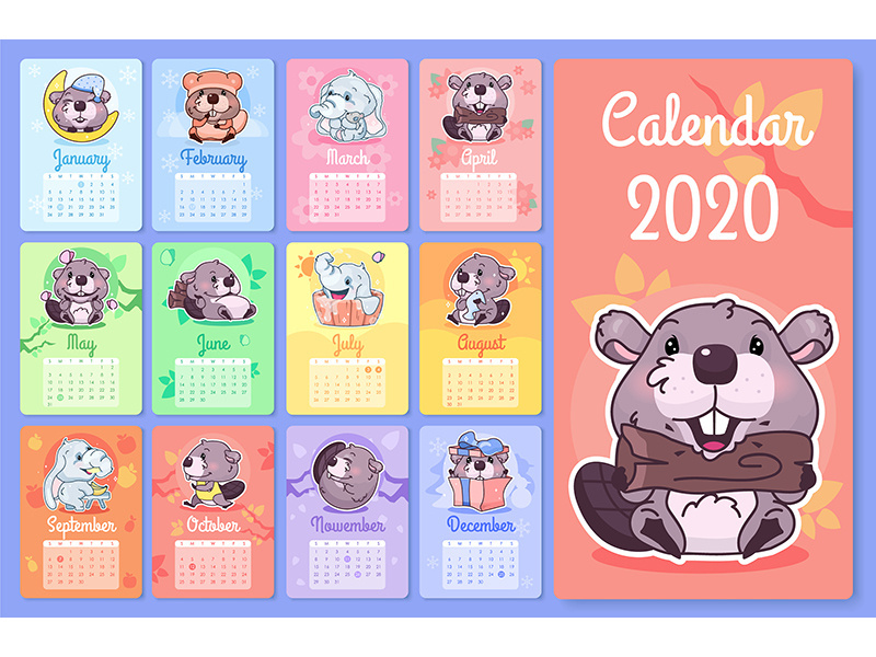 Cute beaver and elephant 2020 calendar design template with cartoon kawaii characters