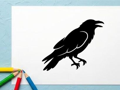 Silhouette of a Crow Perched on a Branch in Black and White