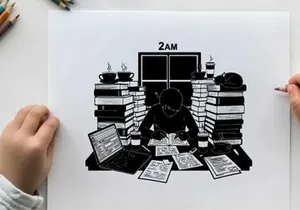 Late night study session with cat silhouette
