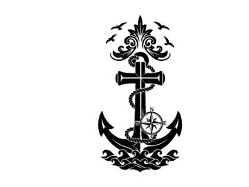 Nautical silhouette anchor cross compass birds sea waves preview picture