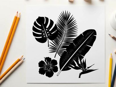 Tropical silhouette of leaves and a flower arrangement