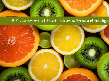 Assortment of fruits slices with wood background preview picture