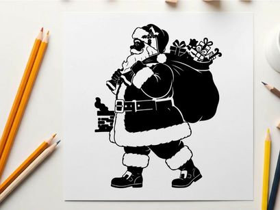 Santa claus silhouette with sack of toys on white