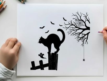 Black cat silhouette on fence under full moon