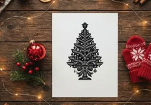 Black and white Christmas tree illustration with decorative ornaments and star topper.