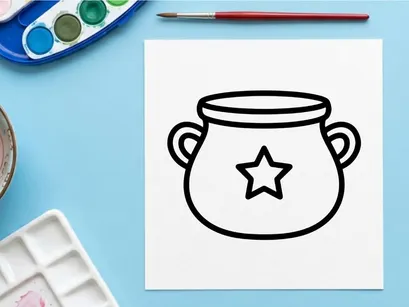 Olla de cocina de Halloween con tapa de estrella para recetas espeluznantes. Ilustración de caldero negro para decoraciones festivas y suministros de fiestas temáticas.