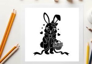 Adorable silhouette bunny holding a bouquet with hearts