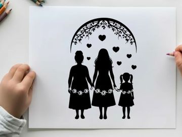 Silhouette of mother and daughters under heart arch preview picture