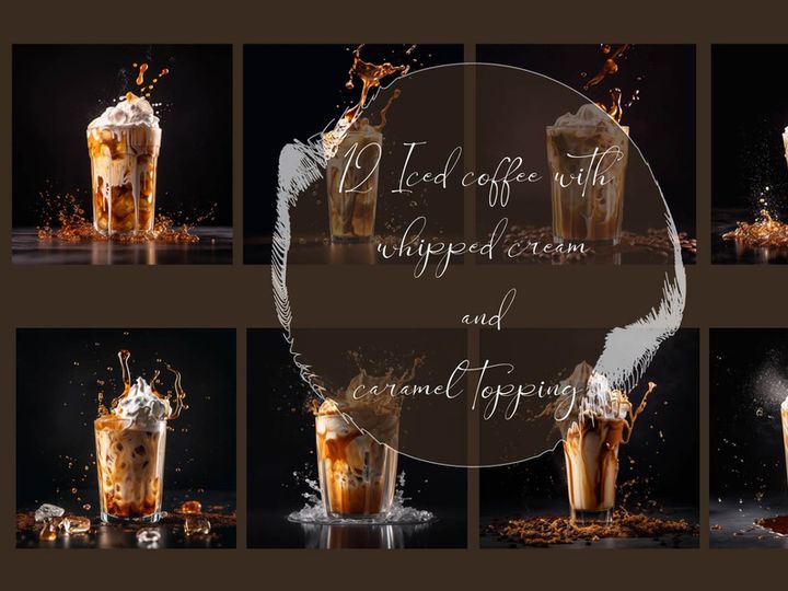 Iced coffee with whipped cream and caramel topping on black background